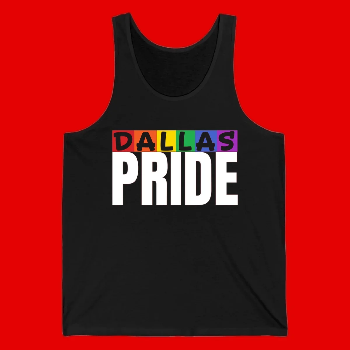 Dallas Pride rainbow design with colorful letters spelling DALLAS above white PRIDE text