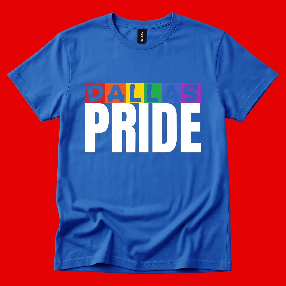 Dallas Pride rainbow design with colorful letters spelling DALLAS above white PRIDE text