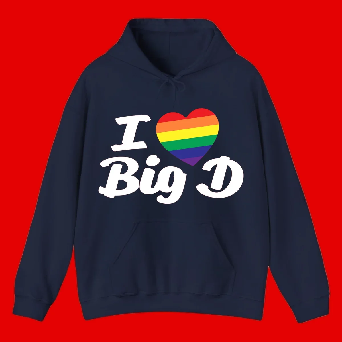 Big D pride love design with rainbow-striped heart and white text on gray background