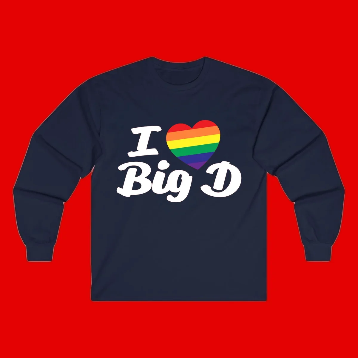 Big D pride love design with rainbow-striped heart and white text on gray background