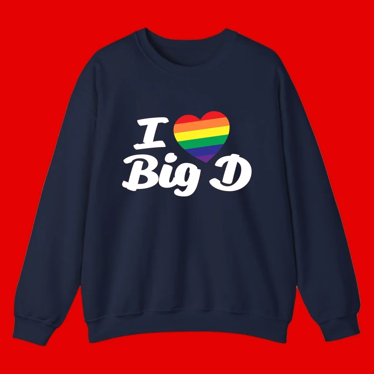 Big D pride love design with rainbow-striped heart and white text on gray background