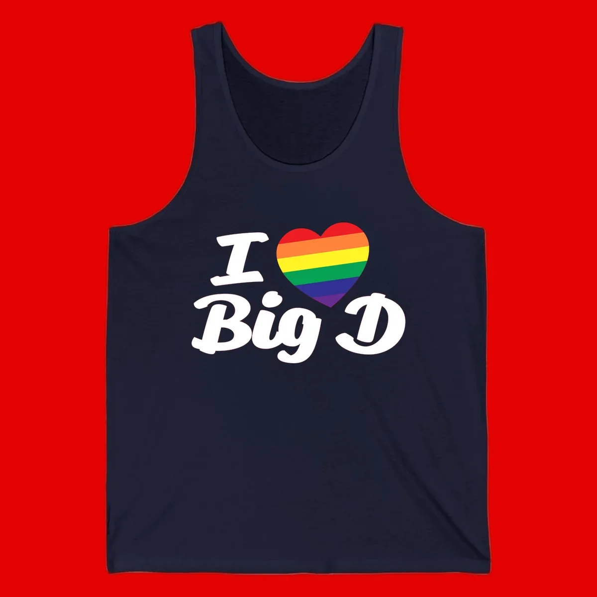 Big D pride love design with rainbow-striped heart and white text on gray background