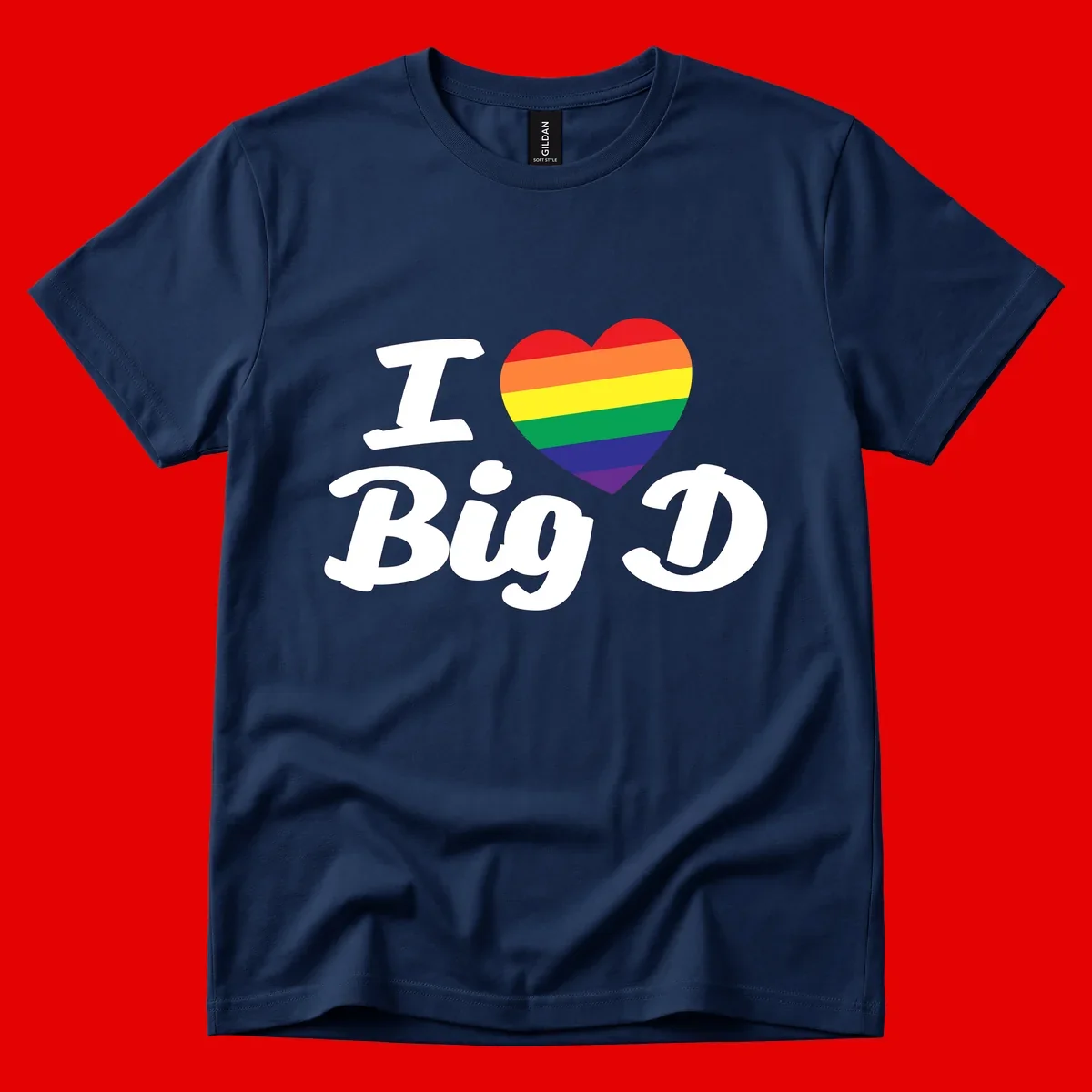 Big D pride love design with rainbow-striped heart and white text on gray background