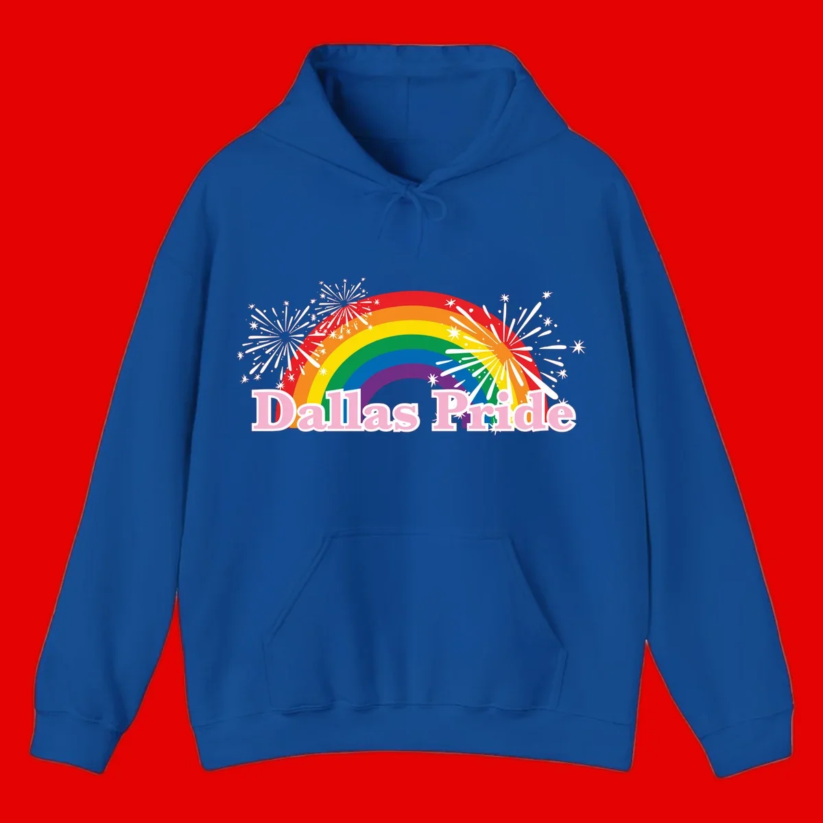 Dallas Pride design with rainbow arc, white fireworks bursts, and pink text on gray background