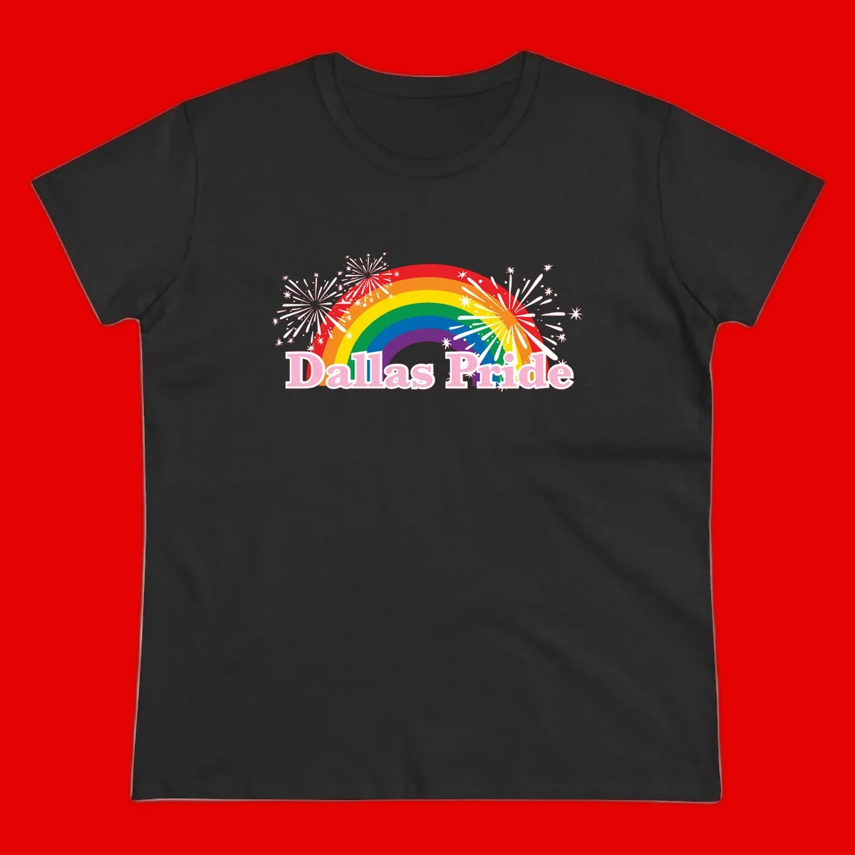 Dallas Pride design with rainbow arc, white fireworks bursts, and pink text on gray background