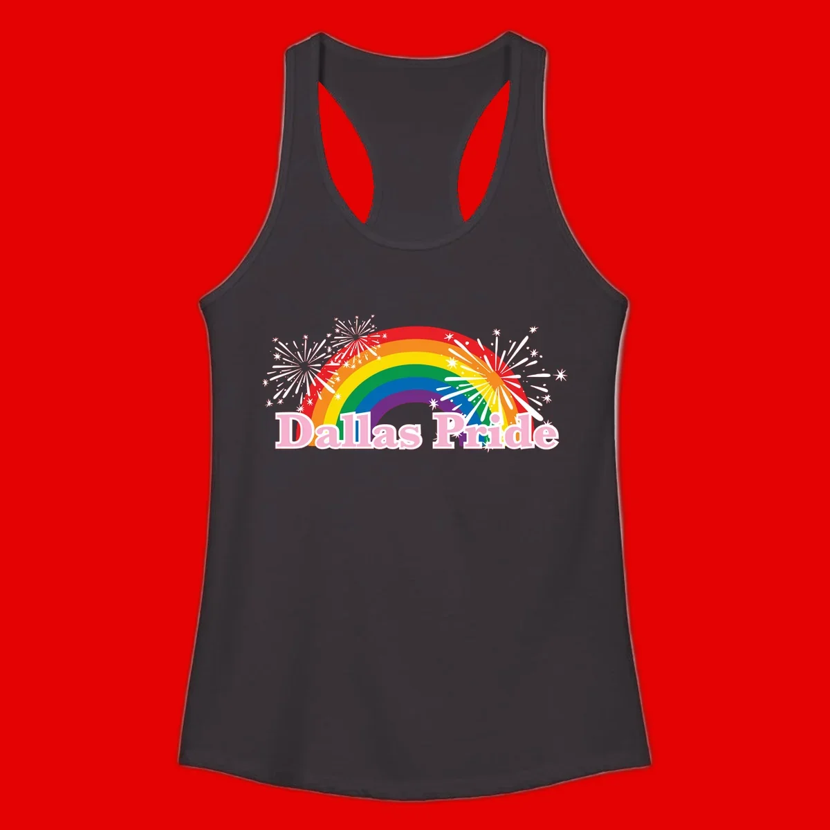 Dallas Pride design with rainbow arc, white fireworks bursts, and pink text on gray background