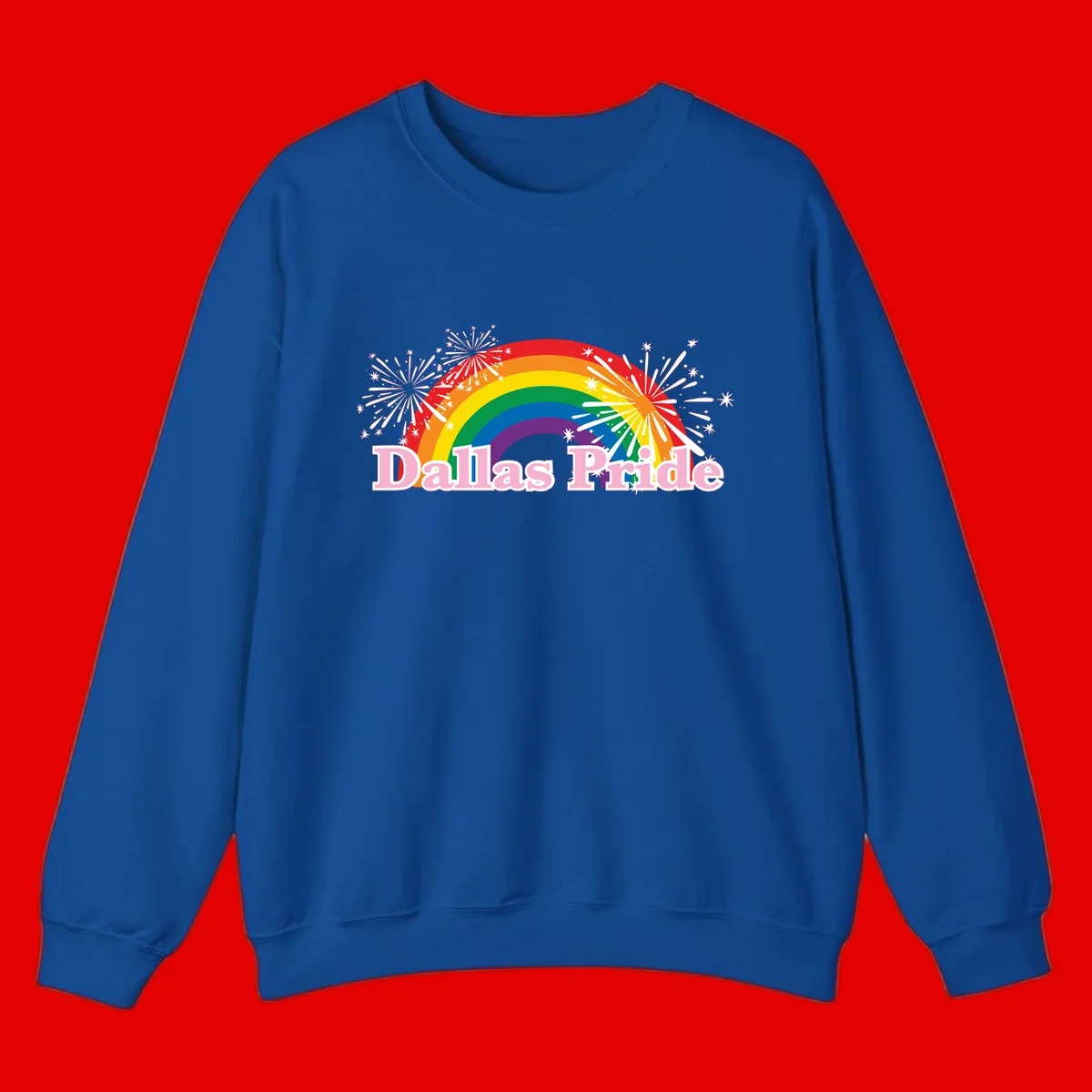 Dallas Pride design with rainbow arc, white fireworks bursts, and pink text on gray background