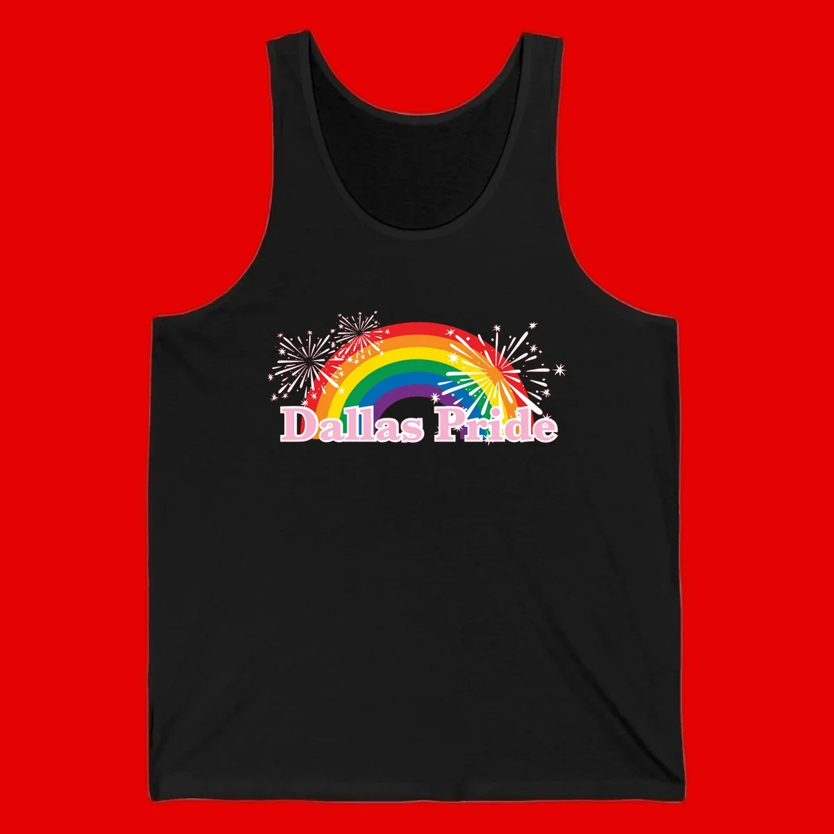 Dallas Pride design with rainbow arc, white fireworks bursts, and pink text on gray background