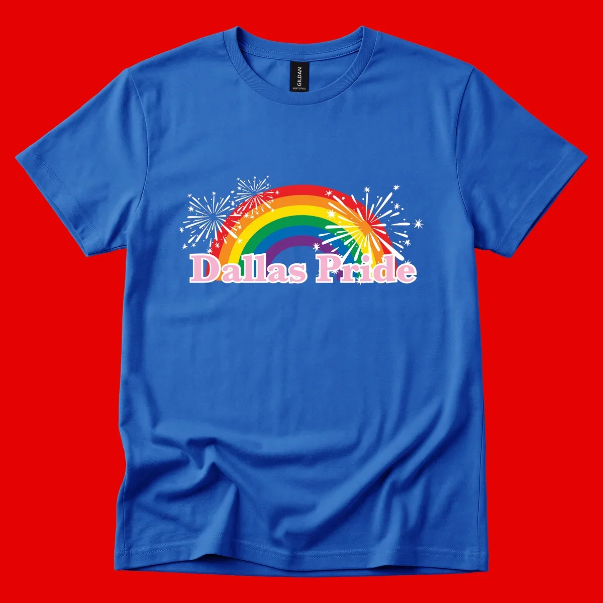Dallas Pride design with rainbow arc, white fireworks bursts, and pink text on gray background