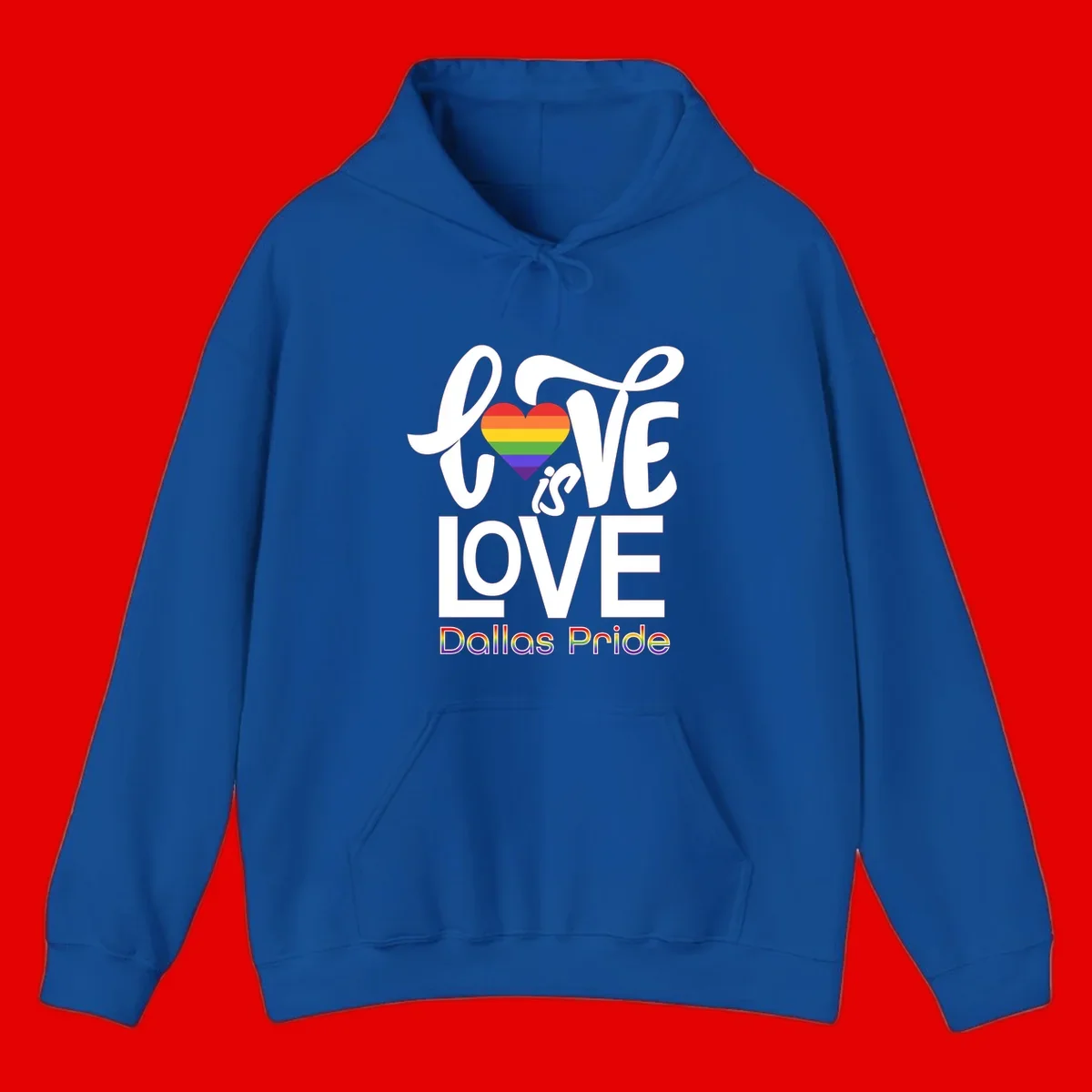 Love is love Dallas Pride design with rainbow-striped heart and white text on gray background
