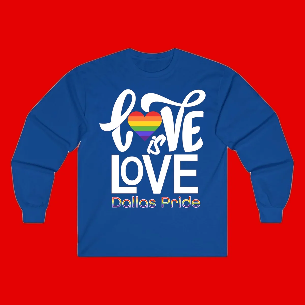 Love is love Dallas Pride design with rainbow-striped heart and white text on gray background