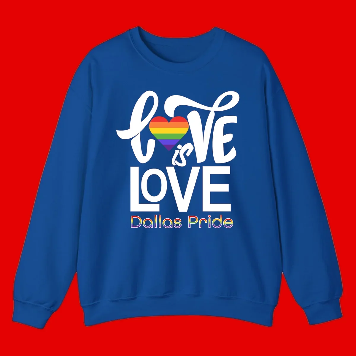 Love is love Dallas Pride design with rainbow-striped heart and white text on gray background