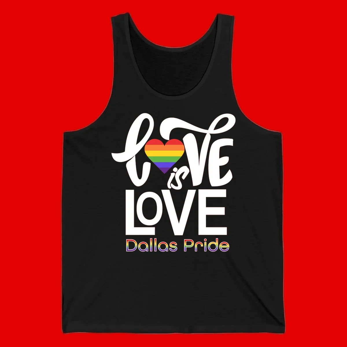 Love is love Dallas Pride design with rainbow-striped heart and white text on gray background