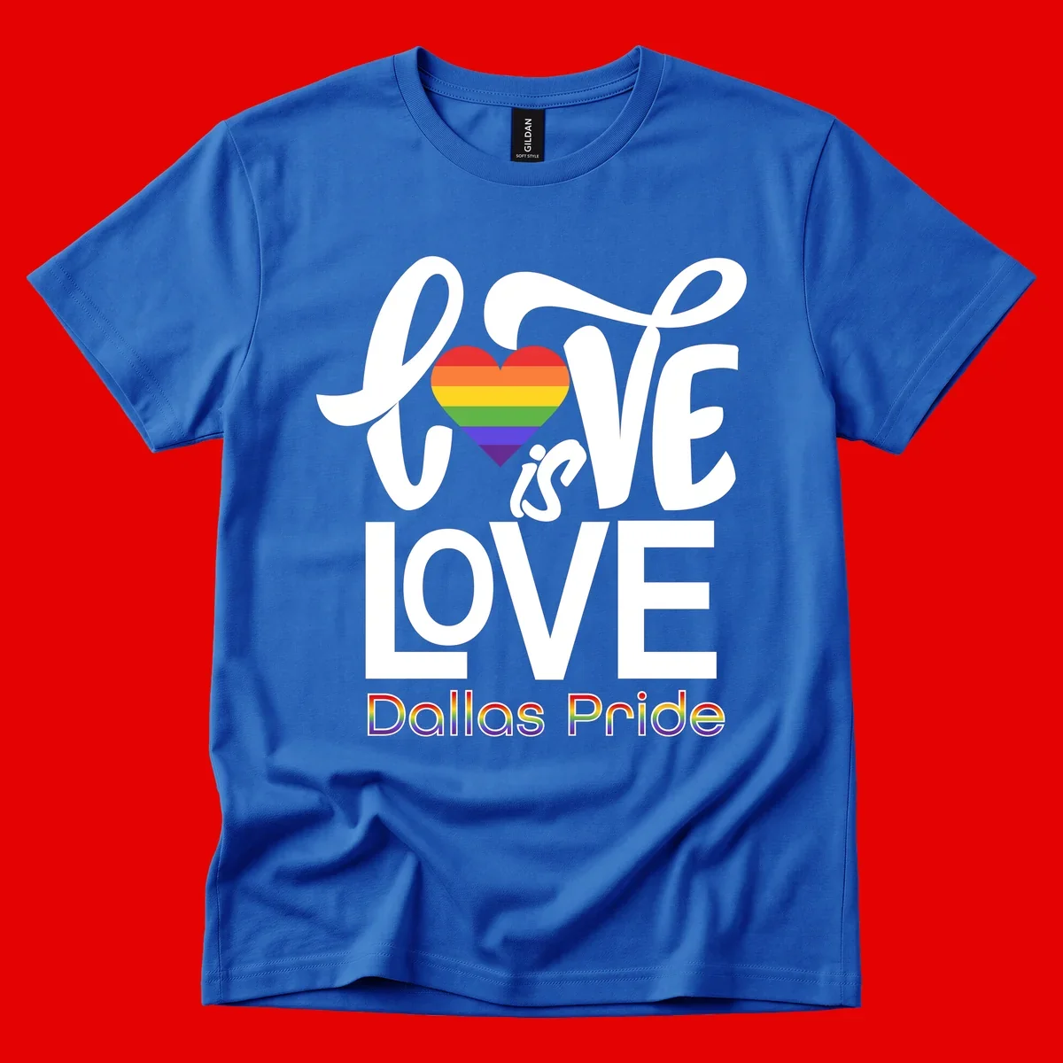 Love is love Dallas Pride design with rainbow-striped heart and white text on gray background