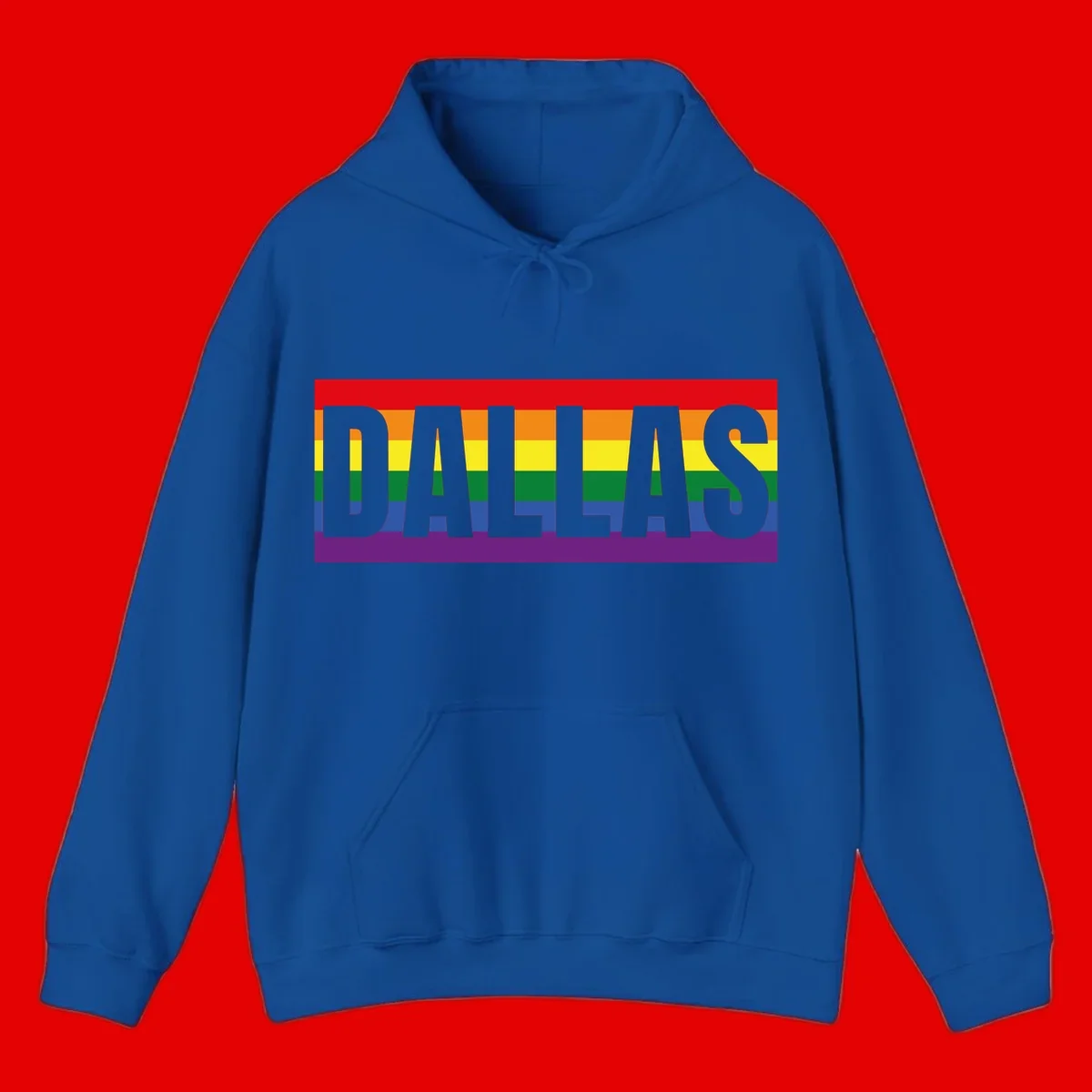 Gray DALLAS text overlaid on rainbow pride flag with red, orange, yellow, green, blue, and purple horizontal stripes
