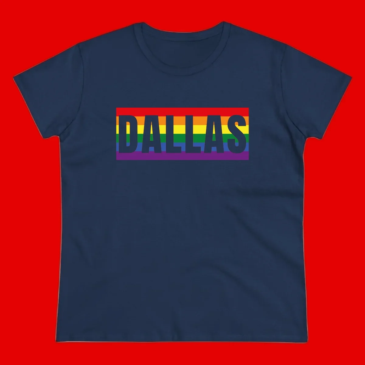 Gray DALLAS text overlaid on rainbow pride flag with red, orange, yellow, green, blue, and purple horizontal stripes