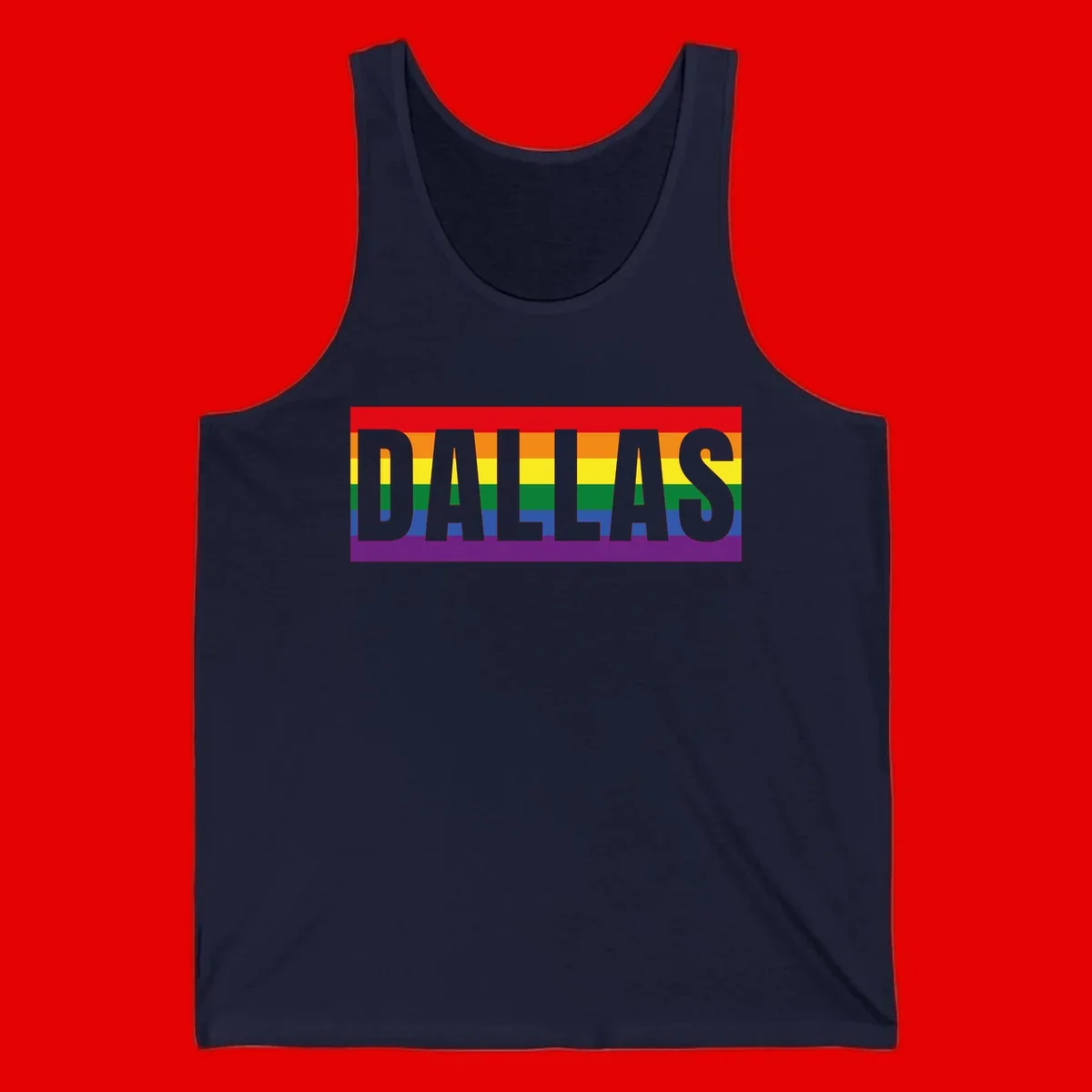 Gray DALLAS text overlaid on rainbow pride flag with red, orange, yellow, green, blue, and purple horizontal stripes