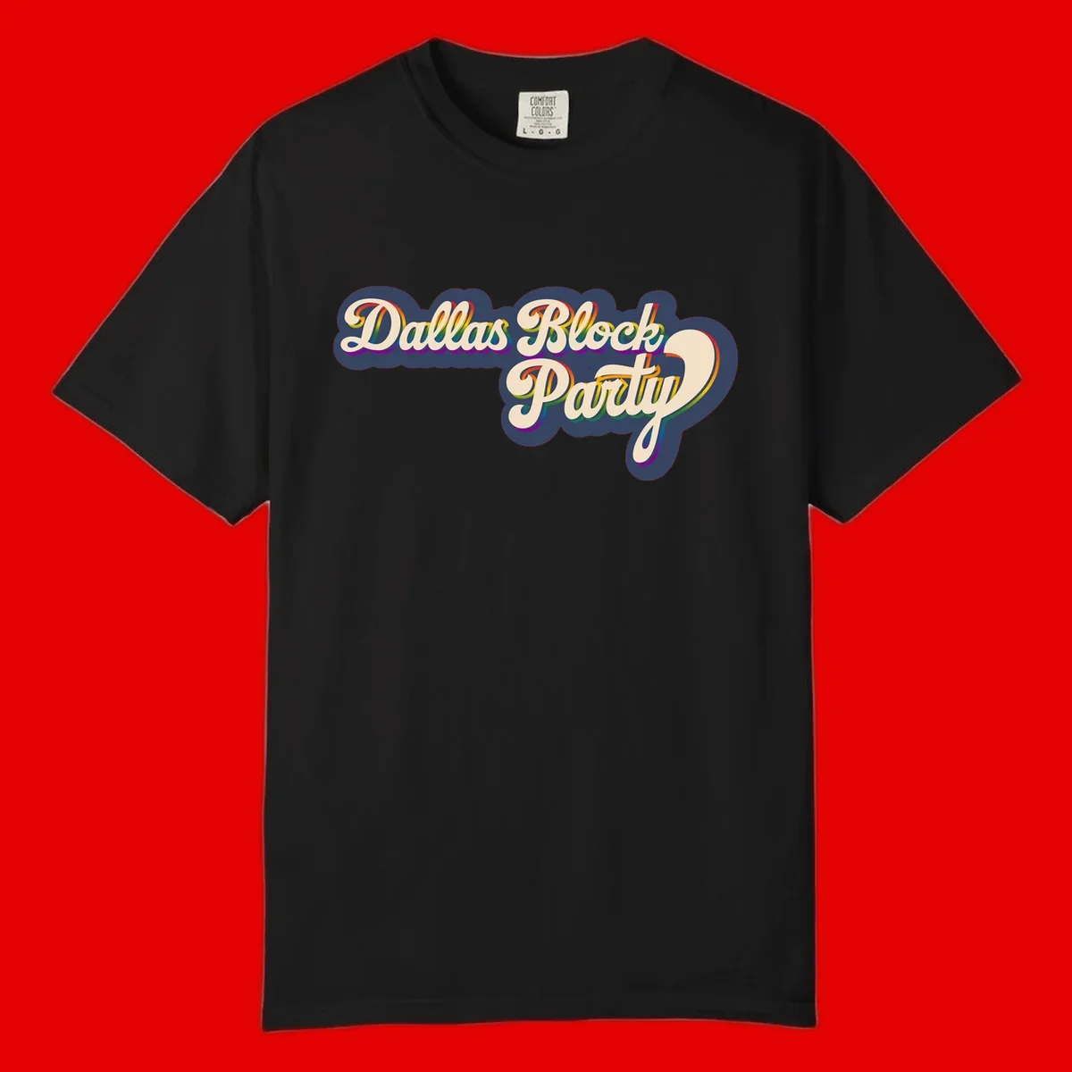 Dallas Block Party design featuring rainbow gradient lettering on navy blue cloud background with scalloped borders