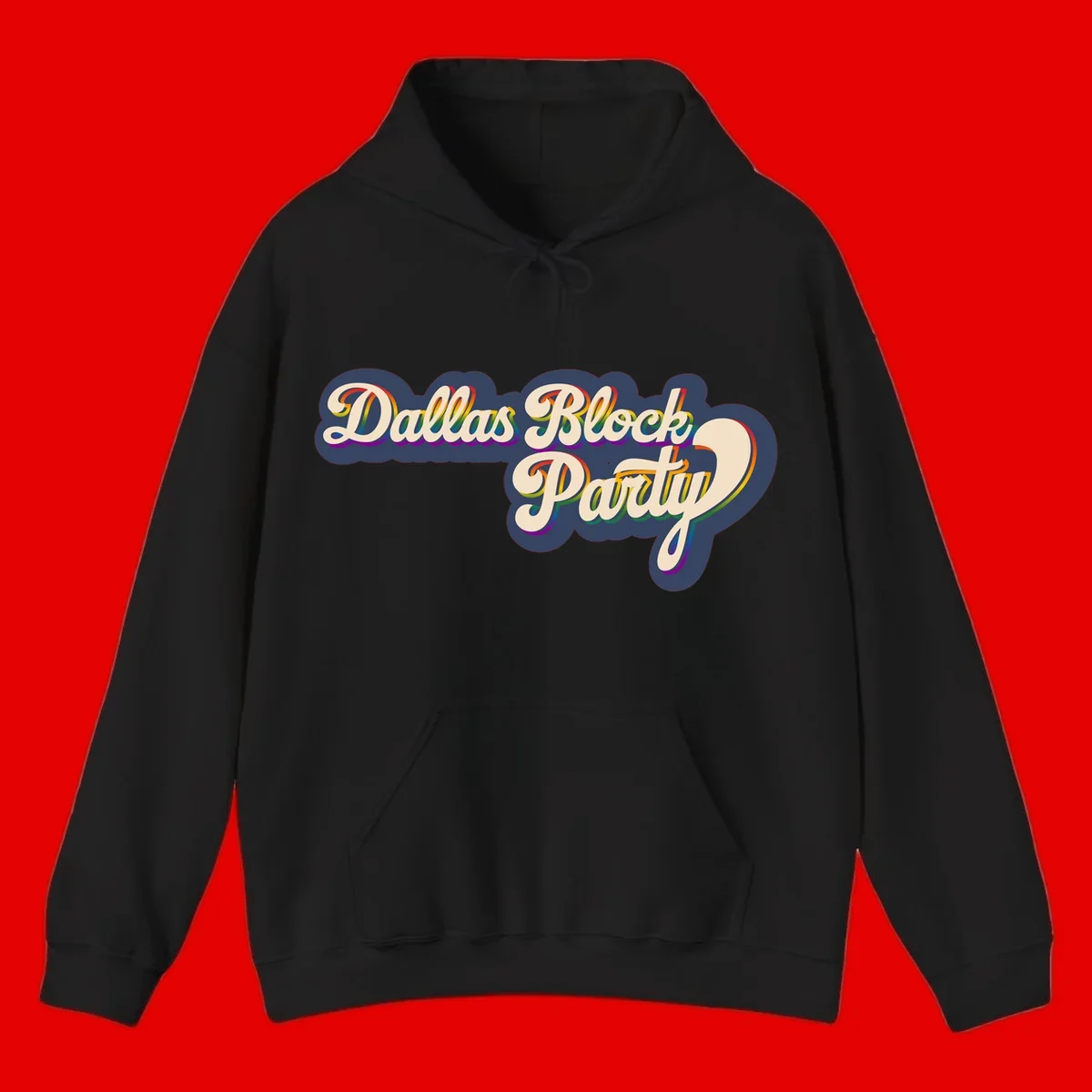 Dallas Block Party design featuring rainbow gradient lettering on navy blue cloud background with scalloped borders