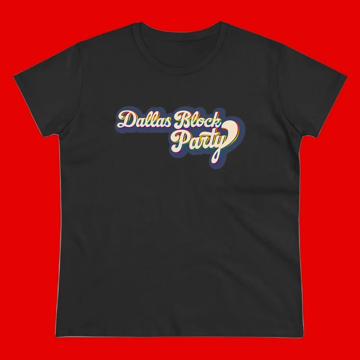 Dallas Block Party design featuring rainbow gradient lettering on navy blue cloud background with scalloped borders