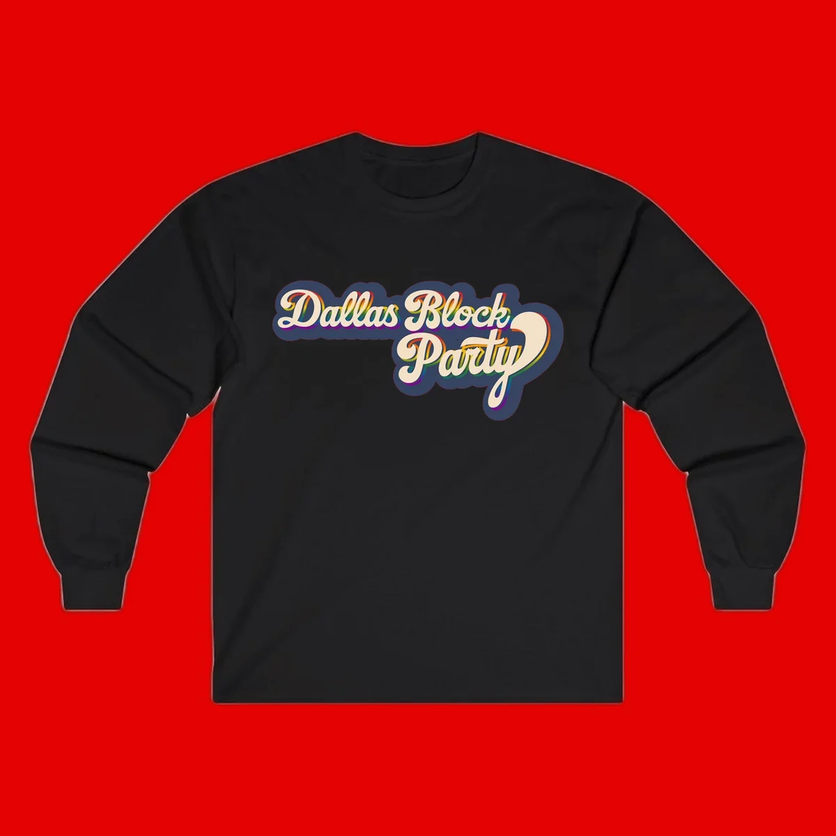 Dallas Block Party design featuring rainbow gradient lettering on navy blue cloud background with scalloped borders