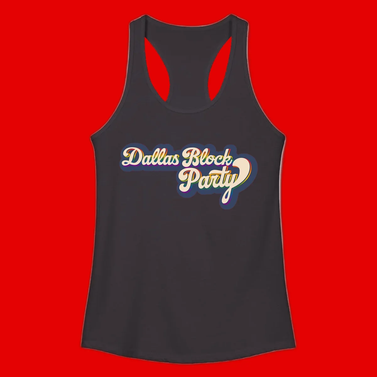 Dallas Block Party design featuring rainbow gradient lettering on navy blue cloud background with scalloped borders