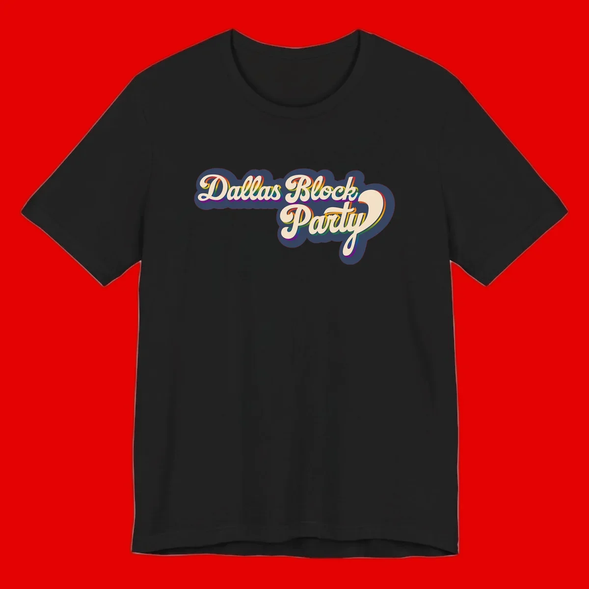 Dallas Block Party design featuring rainbow gradient lettering on navy blue cloud background with scalloped borders