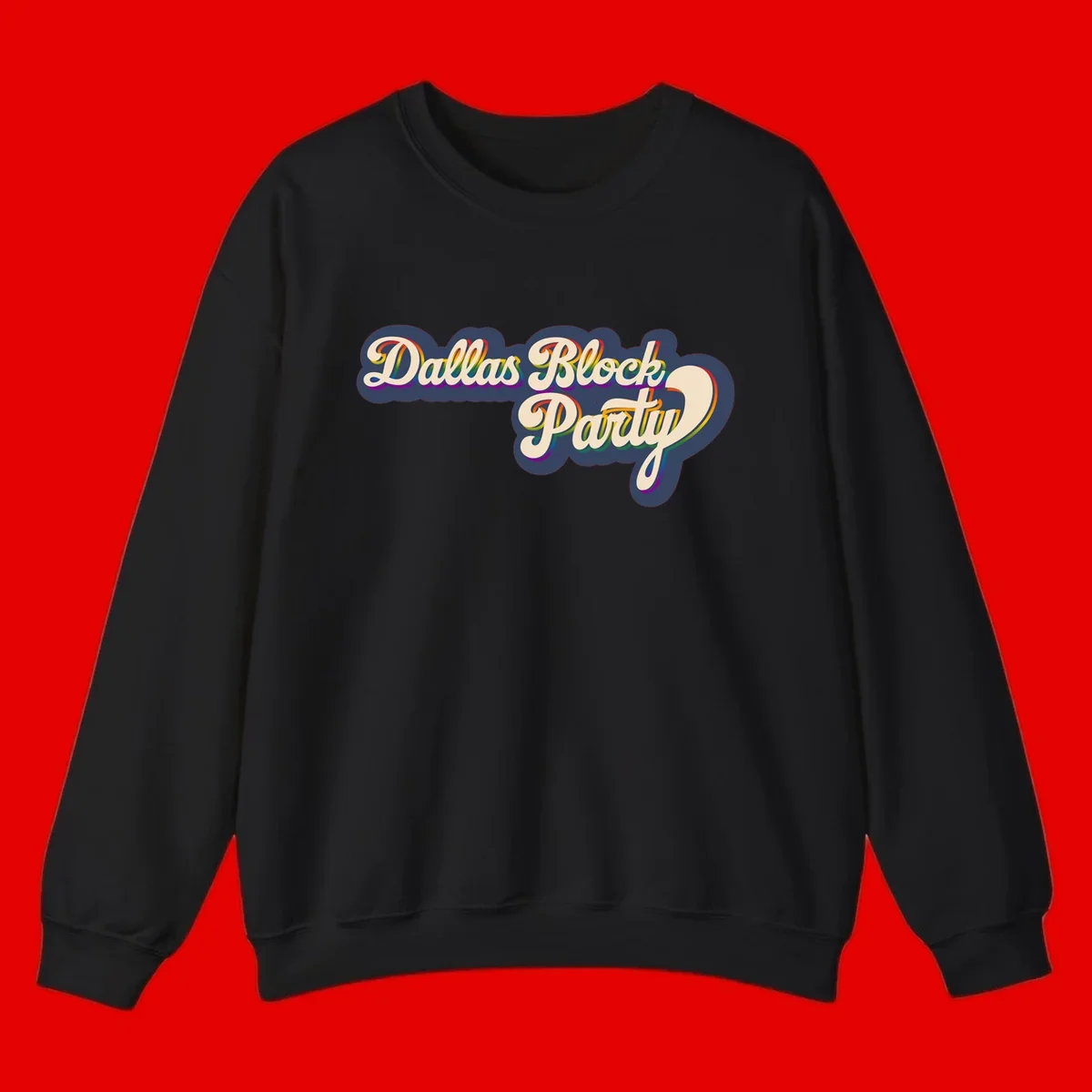 Dallas Block Party design featuring rainbow gradient lettering on navy blue cloud background with scalloped borders