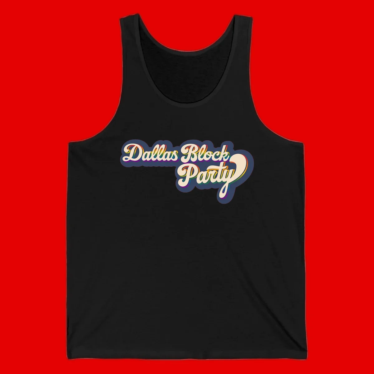 Dallas Block Party design featuring rainbow gradient lettering on navy blue cloud background with scalloped borders
