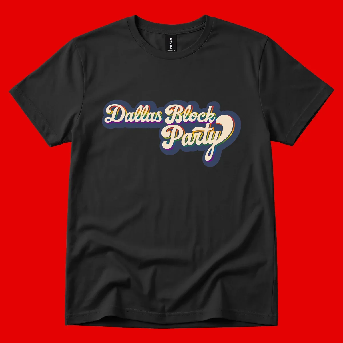 Dallas Block Party design featuring rainbow gradient lettering on navy blue cloud background with scalloped borders