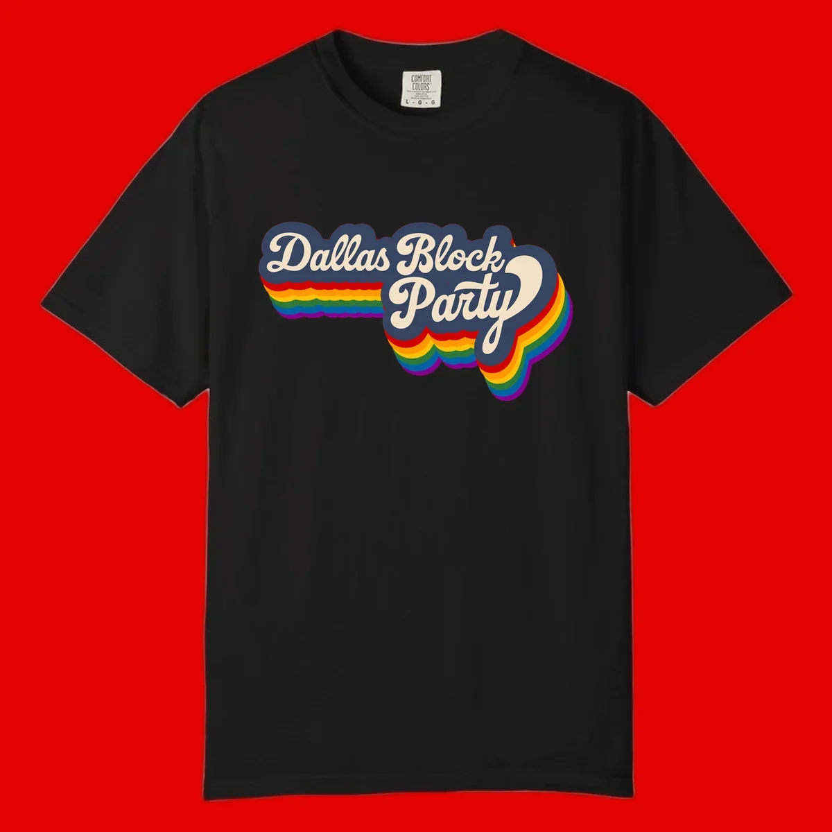 Dallas Block Party design featuring Texas state shape with rainbow pride stripes and vintage script text on navy background