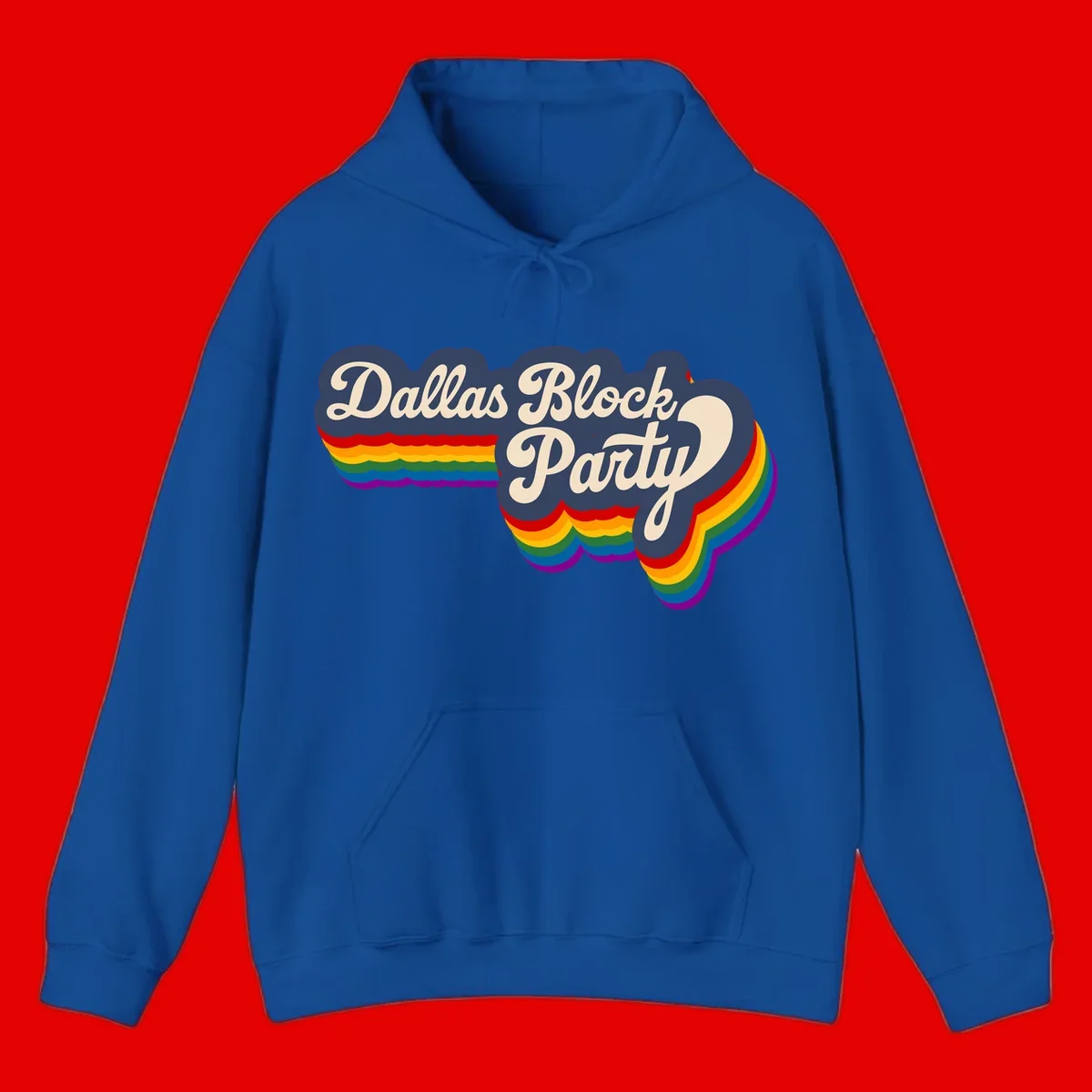 Dallas Block Party design featuring Texas state shape with rainbow pride stripes and vintage script text on navy background