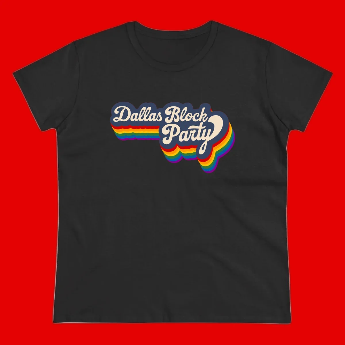 Dallas Block Party design featuring Texas state shape with rainbow pride stripes and vintage script text on navy background