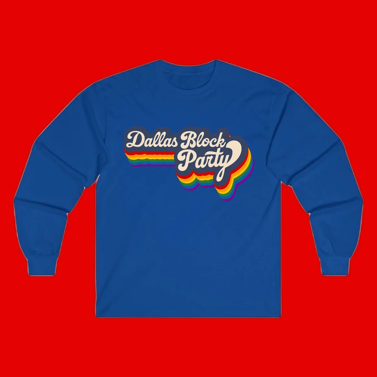 Dallas Block Party design featuring Texas state shape with rainbow pride stripes and vintage script text on navy background