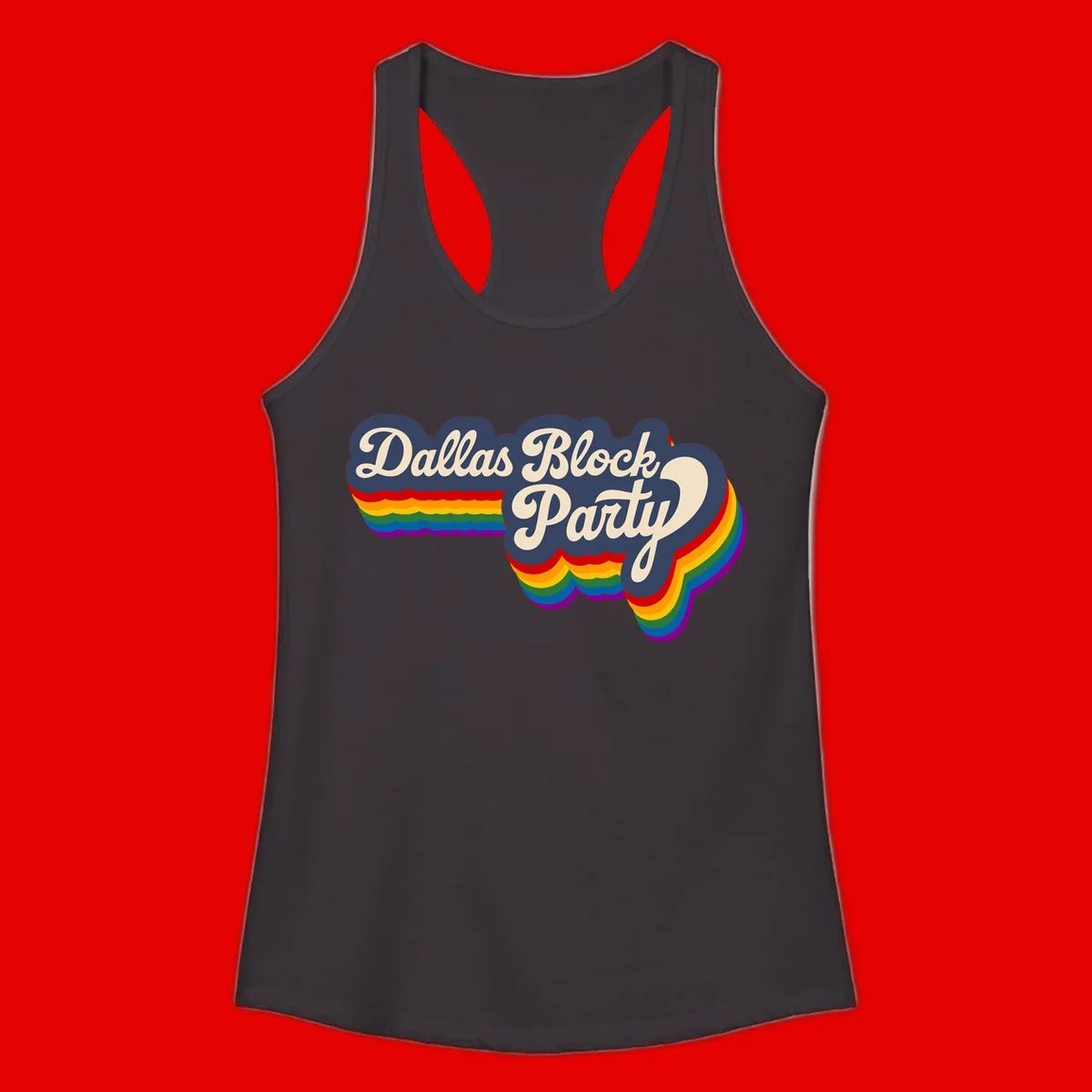 Dallas Block Party design featuring Texas state shape with rainbow pride stripes and vintage script text on navy background