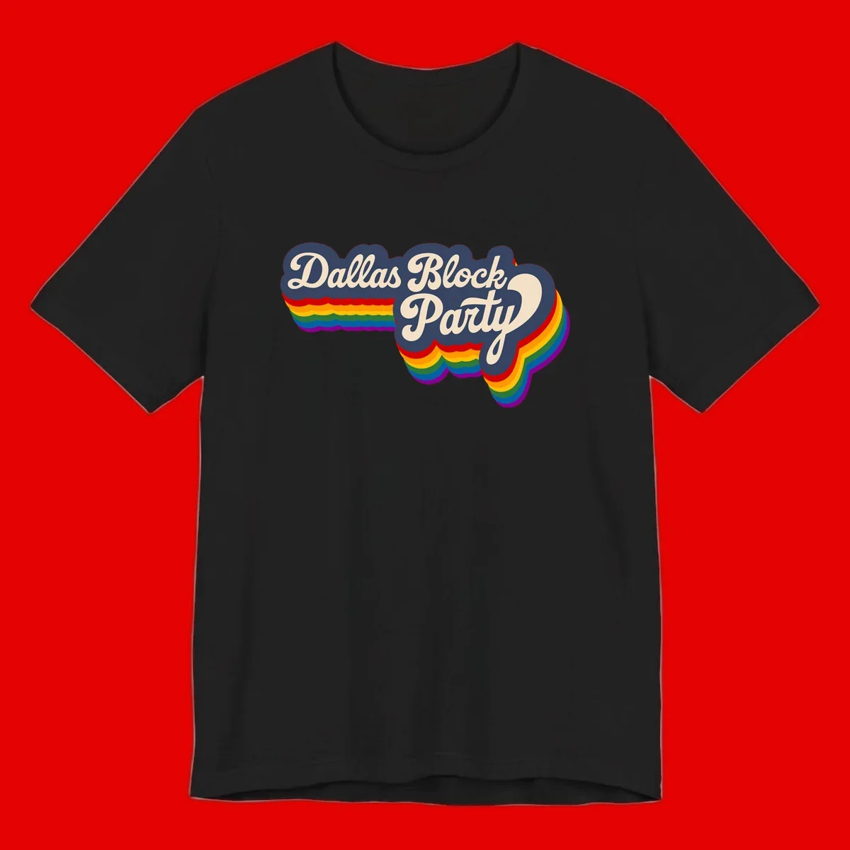 Dallas Block Party design featuring Texas state shape with rainbow pride stripes and vintage script text on navy background