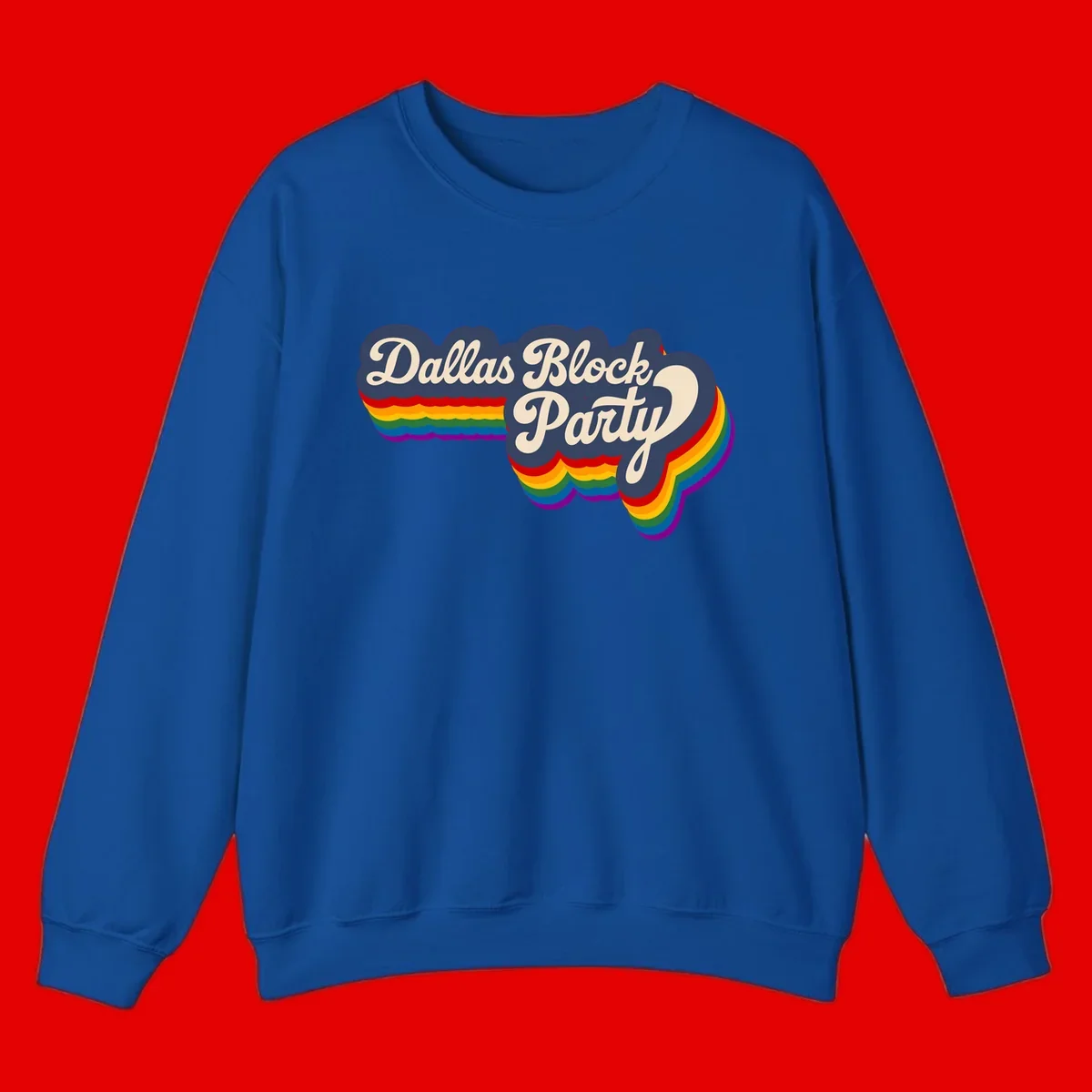 Dallas Block Party design featuring Texas state shape with rainbow pride stripes and vintage script text on navy background