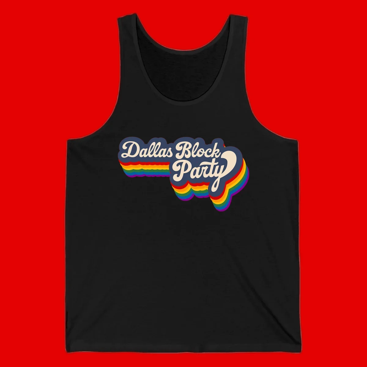 Dallas Block Party design featuring Texas state shape with rainbow pride stripes and vintage script text on navy background