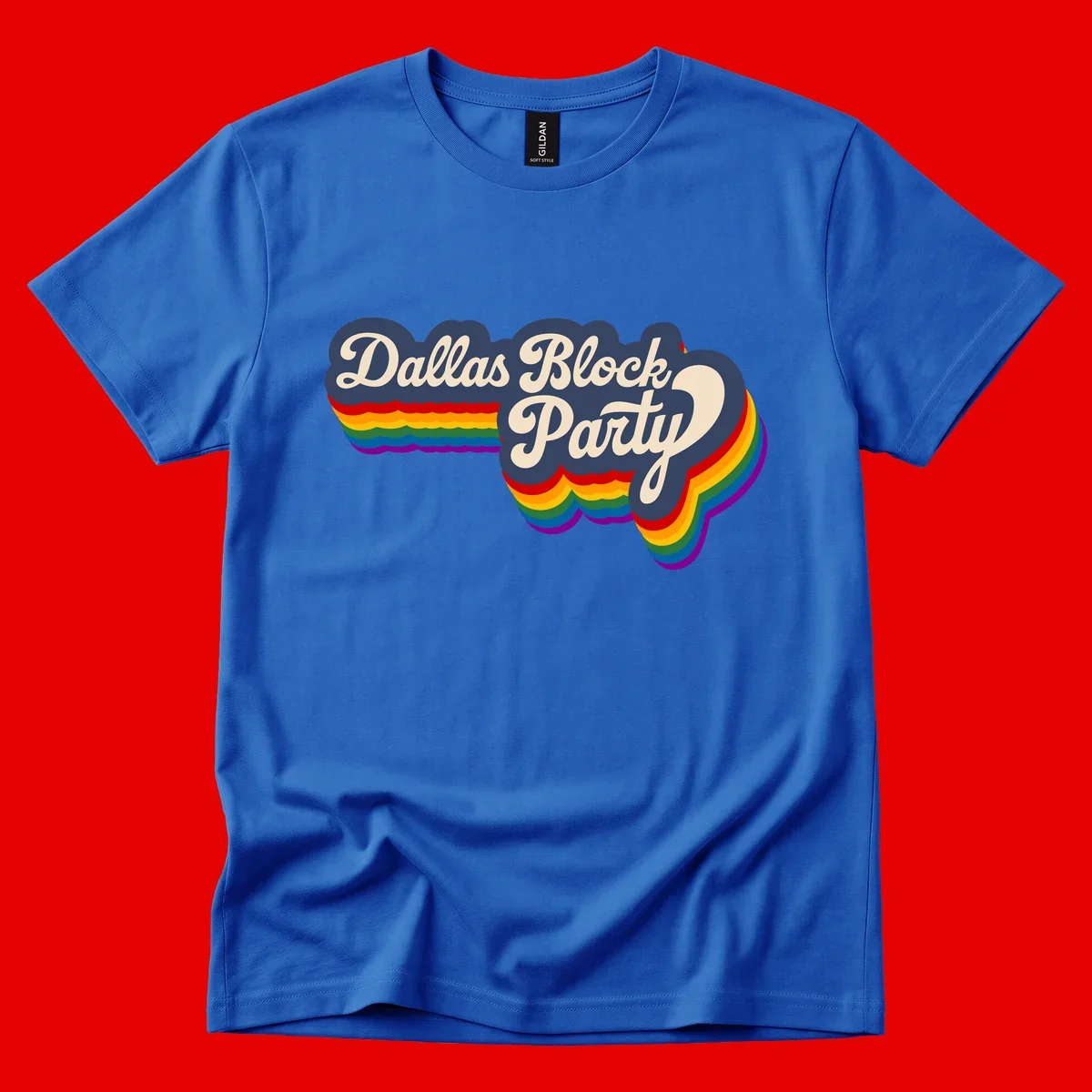Dallas Block Party design featuring Texas state shape with rainbow pride stripes and vintage script text on navy background
