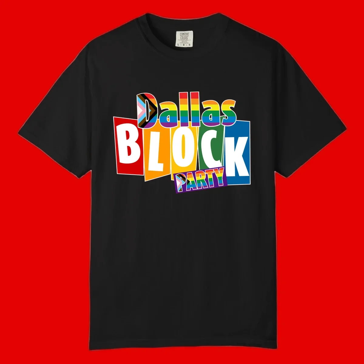 Dudes Block Party Pride design with colorful rainbow stripes, progress pride flag, and bold layered text celebrating LGBTQ+ pride
