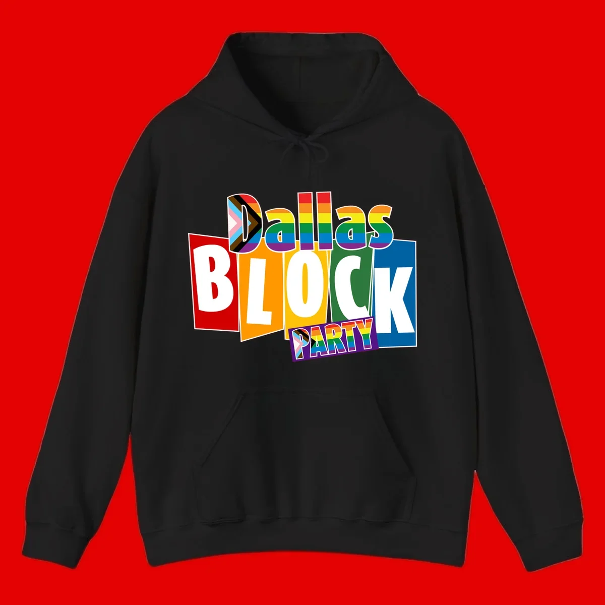 Dudes Block Party Pride design with colorful rainbow stripes, progress pride flag, and bold layered text celebrating LGBTQ+ pride