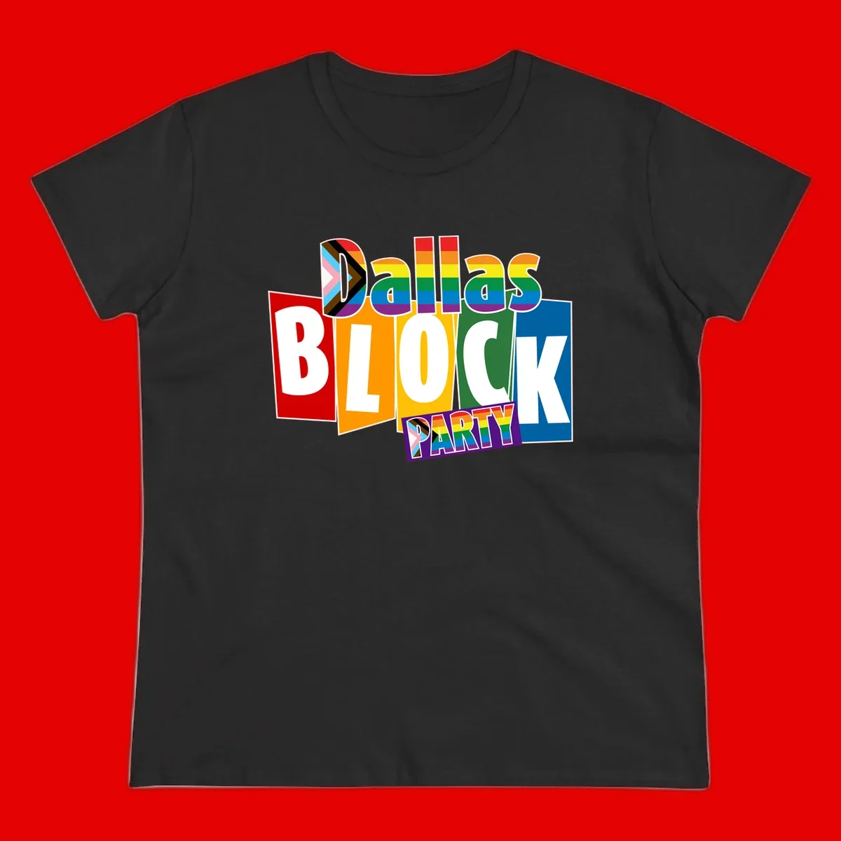 Dudes Block Party Pride design with colorful rainbow stripes, progress pride flag, and bold layered text celebrating LGBTQ+ pride