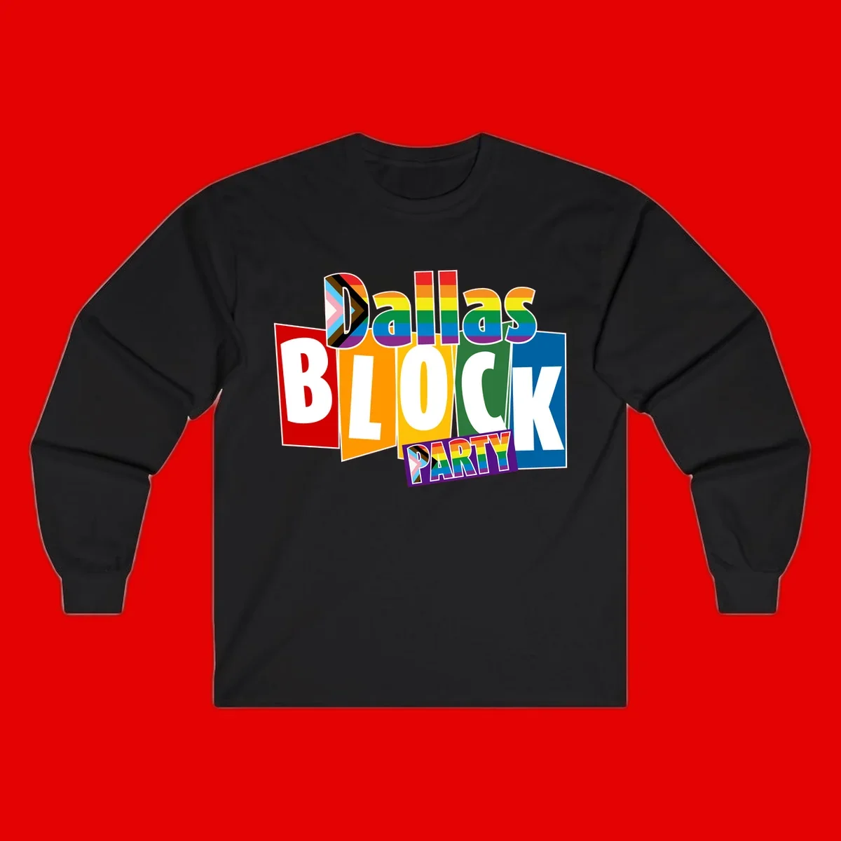 Dudes Block Party Pride design with colorful rainbow stripes, progress pride flag, and bold layered text celebrating LGBTQ+ pride