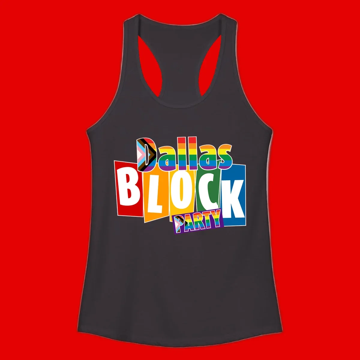 Dudes Block Party Pride design with colorful rainbow stripes, progress pride flag, and bold layered text celebrating LGBTQ+ pride