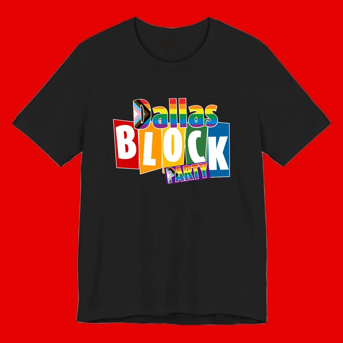 Dudes Block Party Pride design with colorful rainbow stripes, progress pride flag, and bold layered text celebrating LGBTQ+ pride