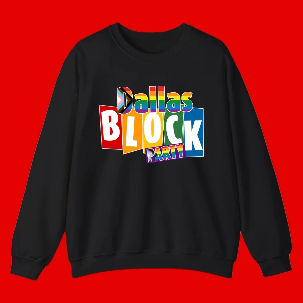 Dudes Block Party Pride design with colorful rainbow stripes, progress pride flag, and bold layered text celebrating LGBTQ+ pride