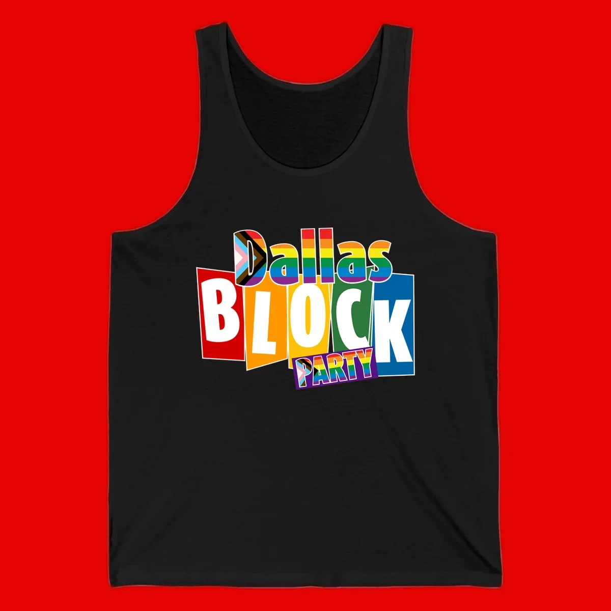 Dudes Block Party Pride design with colorful rainbow stripes, progress pride flag, and bold layered text celebrating LGBTQ+ pride