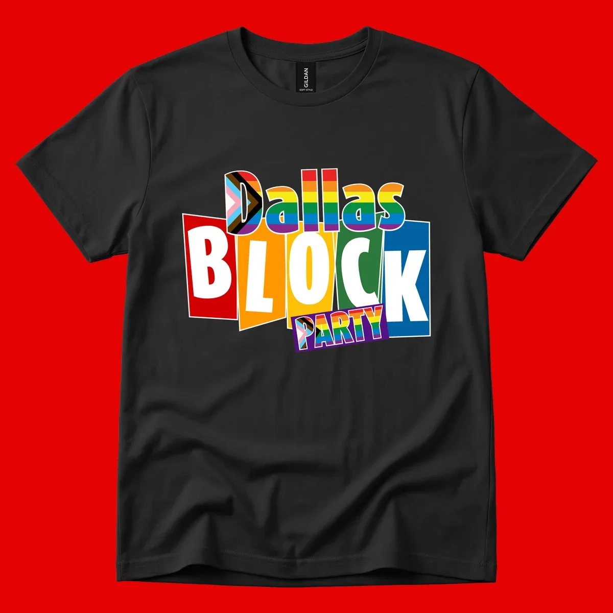 Dudes Block Party Pride design with colorful rainbow stripes, progress pride flag, and bold layered text celebrating LGBTQ+ pride