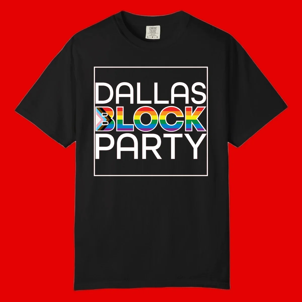 Dallas Block Party Pride design with rainbow and progress pride flag colors integrated into bold white typography on gray background