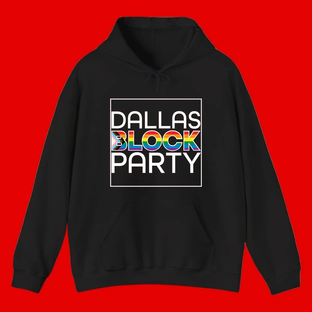 Dallas Block Party Pride design with rainbow and progress pride flag colors integrated into bold white typography on gray background